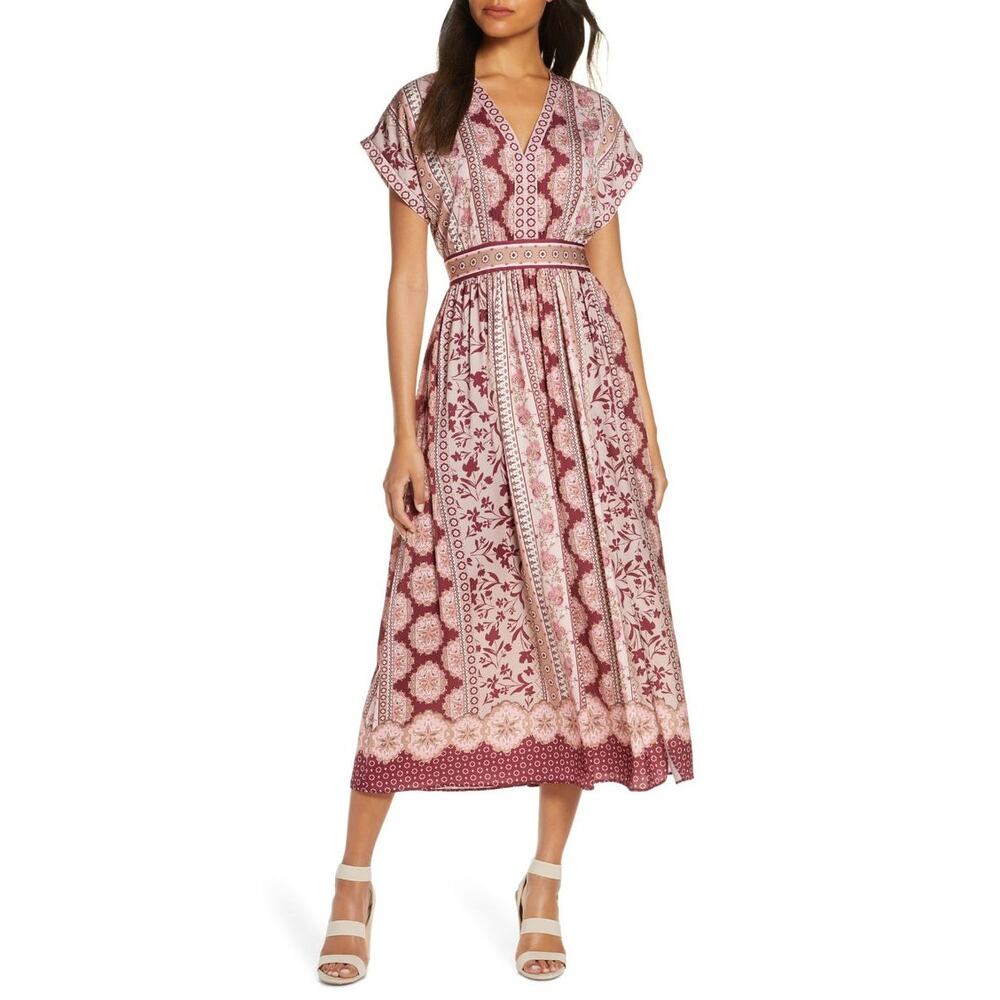 Blogger Fav Gal Meets Glam Liza V-Neck Charmeuse Midi Dress |Burgundy Pink |SZ 4